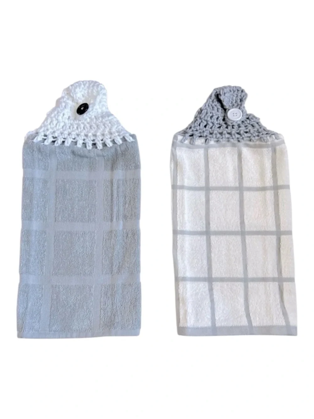 Hand Crafted Gray and White Hanging Kitchen Hand Towels Crochet Top